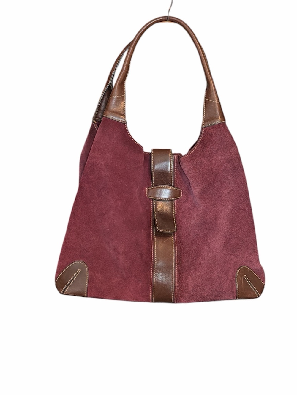 Levenger suede leather hobo tote bag purse burgundy purple classic minimalist